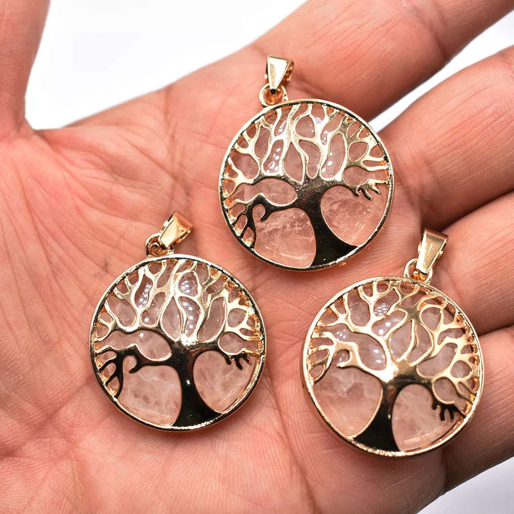 Großhandel 12 Stück/Set modische Naturstein-Anhänger mit Baum des Lebens aus goldfarbener Legierung für Schmuckzubehör, kostenlose Gravur. – Detail 11
