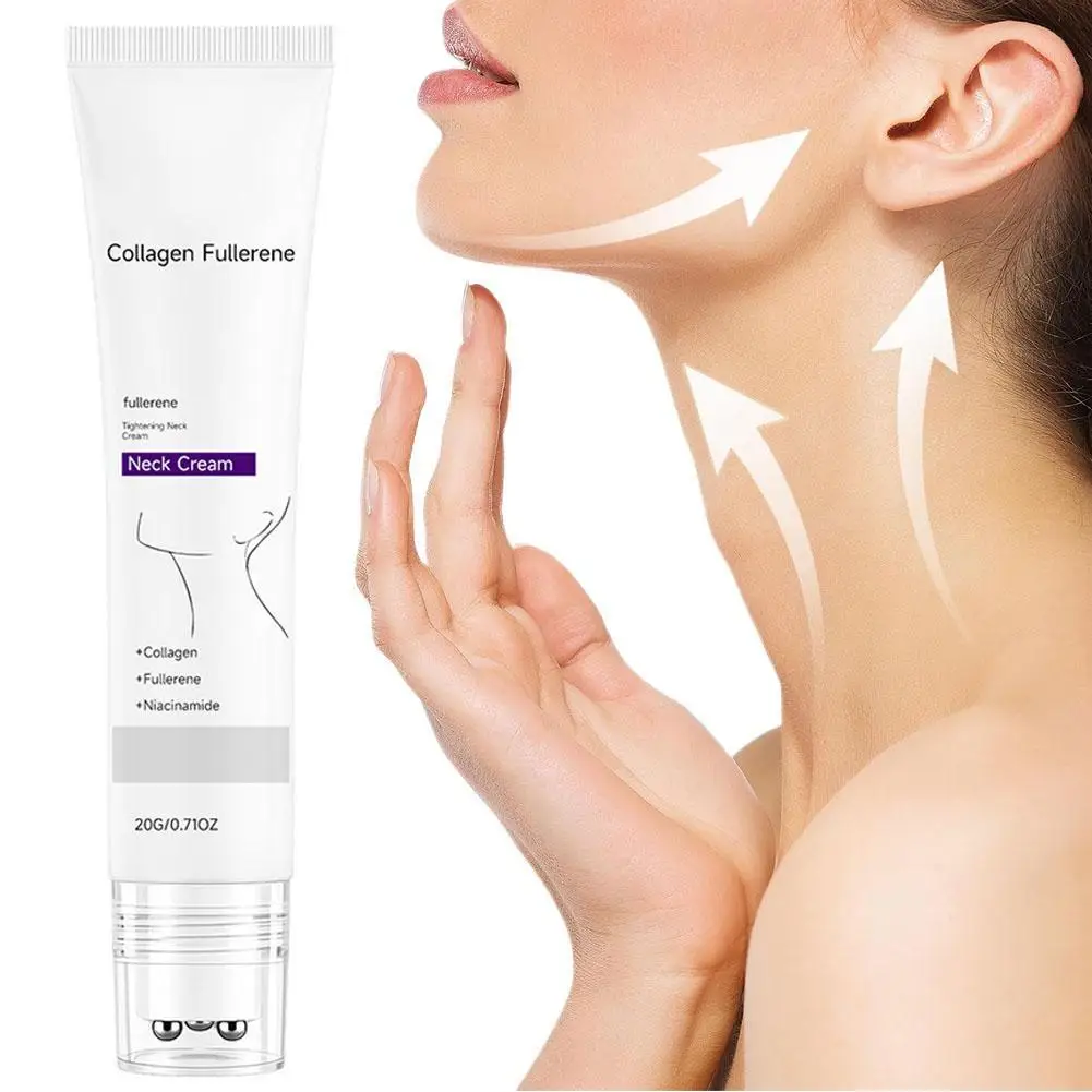 Collagen Fullerene Neck Cream 20g, Tightening & Moisturizing Neck Care with Massage Roller, Reduce Fine Lines & Double Chin