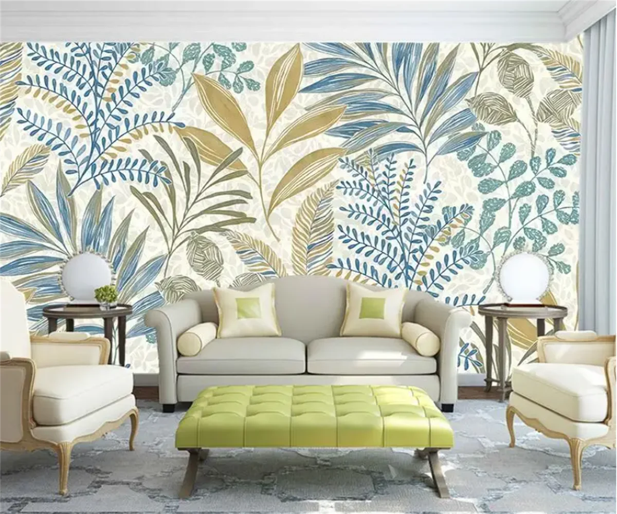 Custom wallpaper Green leaves red flowers watercolor style Nordic minimalist American leaf sofa background wallpaper home decor