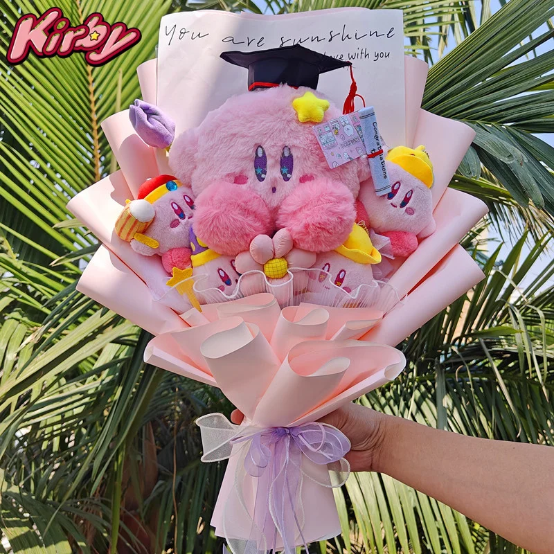 Hot Anime Kawaii Kirby Flower Bouquet Kirby Stuffed Doll Graduation Hats Plushies Sanrio Fashion Girl Valentine Graduation Gift