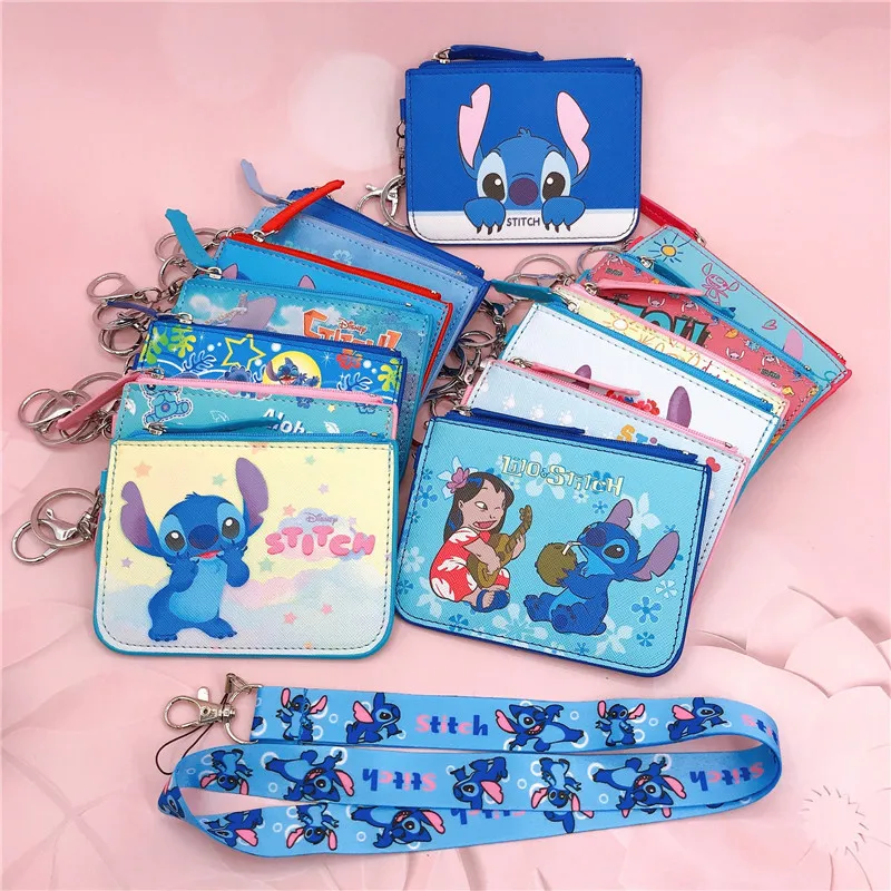 

Disney Stitch Baby Kawaii Coin Pouches PU Card Holder with Keychains Rings Mickey Cases Lanyard Certificate Cover