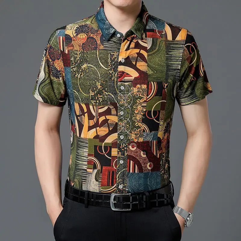 

Summer Men's Middle aged Short sleeved Shirt Thin Style Without Hot Flowers Chinese Style Shattered Flowers