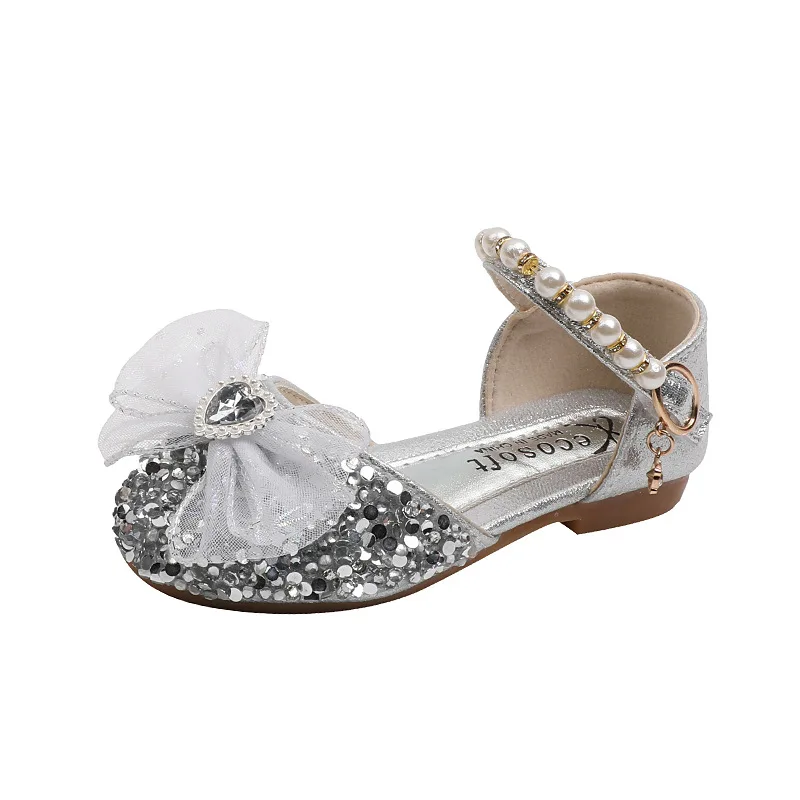 AINYFU Girls Sequined Princess Sandals Children's Lace Bow Leather Sandals Fashion Kids Pearl Rhinestones Single Shoes H793