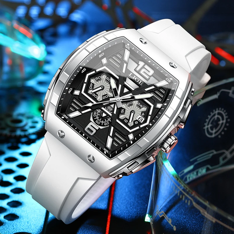 LIGE New Watches for Men 50M Waterproof Clock Luxury Sport Watch Chronograph Date Silicone Square Quartz Mens Watch Reloj Hombre