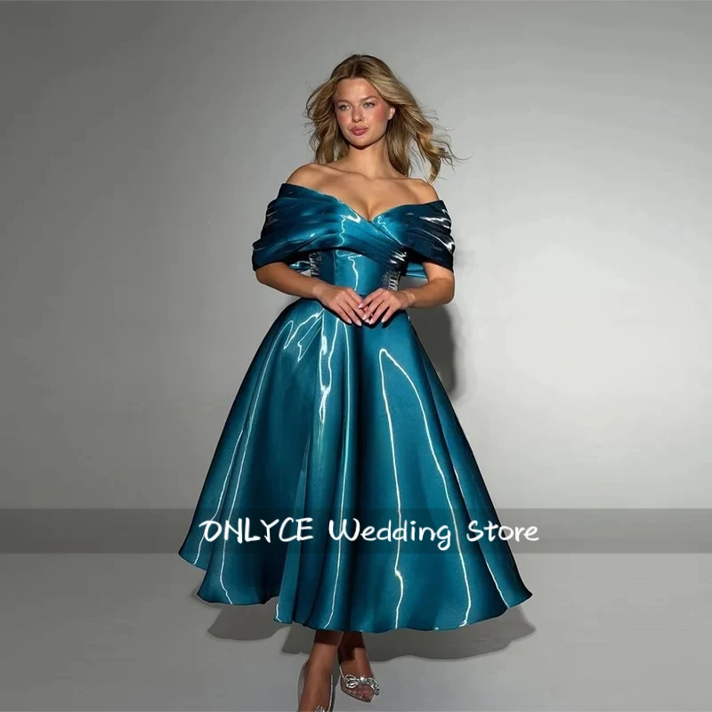 

Vintage Shiny Satin Prom Dress Off The Shoulder Tea Length Evening Dresses Backless A Line Vestidos De Festa Customizeds