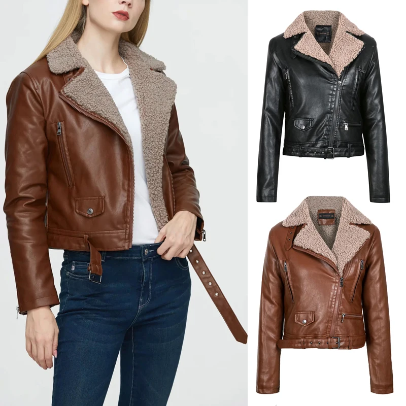 Thiened Lamb Fur Long Sve Leder Jaet Herbst Winter Neue Baumwolle Warm Faion Motorrad Reißverschluss Leder Jaet Street S...
