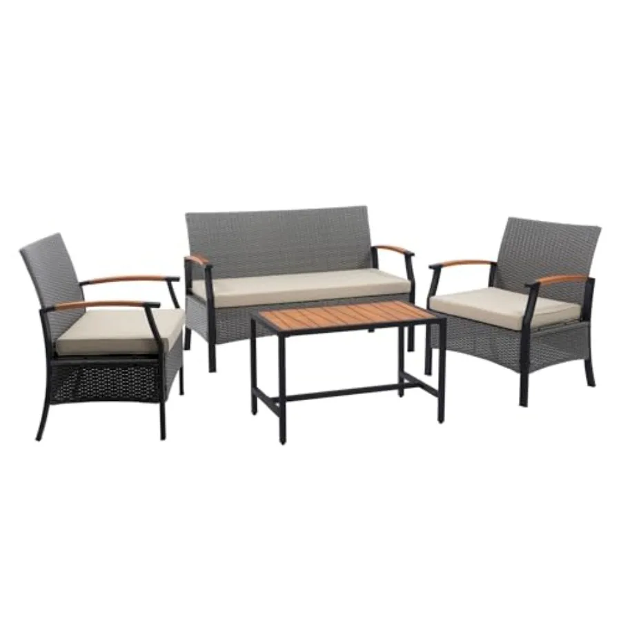 

4-Piece Outdoor Patio Set, Wicker Rattan Conversation Set with Wood Armrests, Steel Frame, Beige Cushions and Coffee Table, Wea