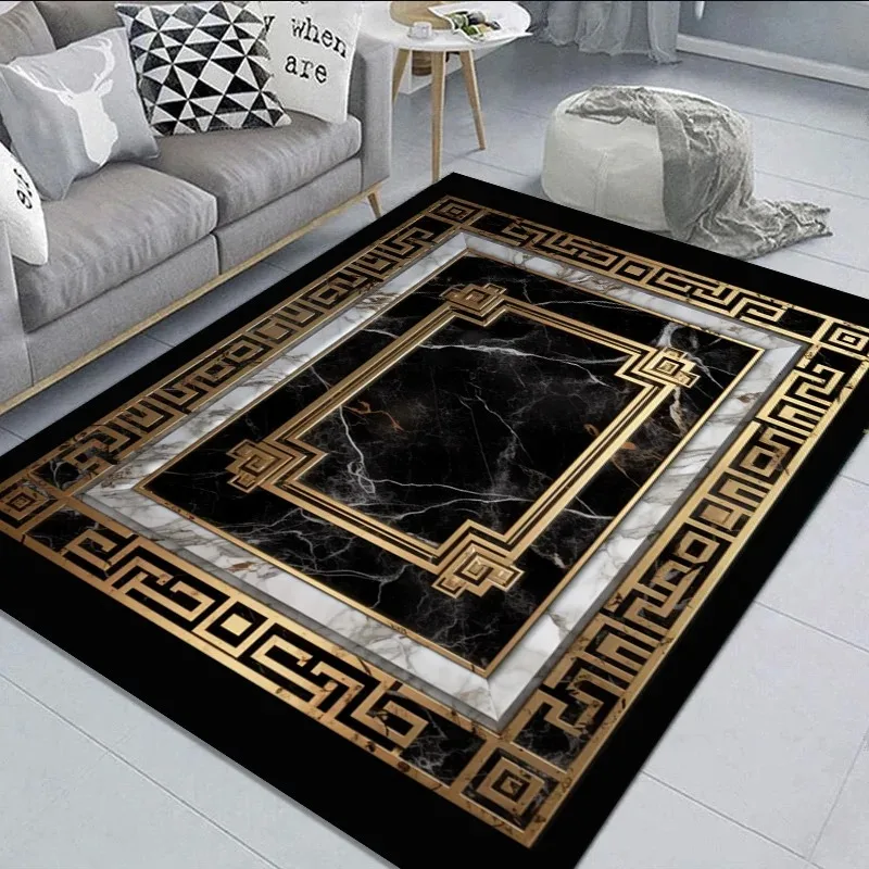 Black Gold Classical Carpets for Living Room Non Slip Soft Sofa Coffee Table Area Decor Rug Washable Bedroom Kitchen Floor Mat