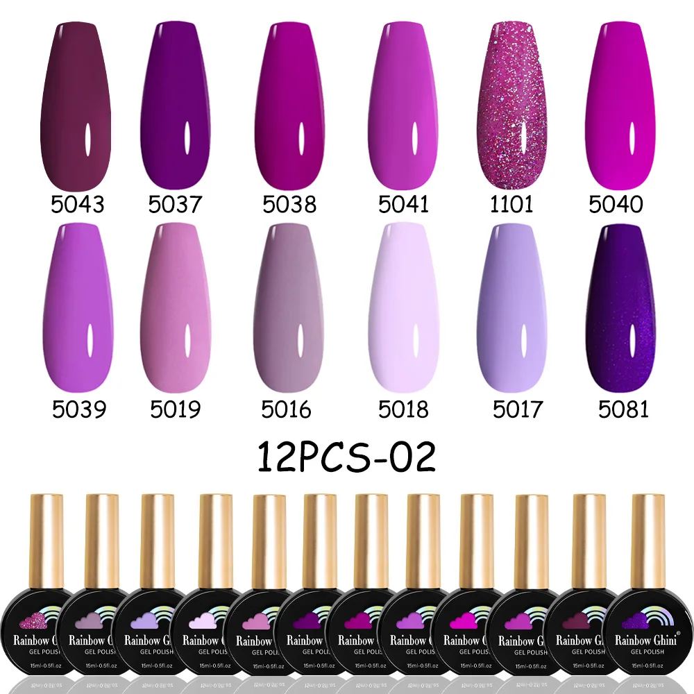 Rainbow Ghini 12pcs 15ml Winter Gel Polish Set 12 Colors Red Purple Nude Tones Semi Permanent Soak Off UV Gel Nail Varnishes Kit