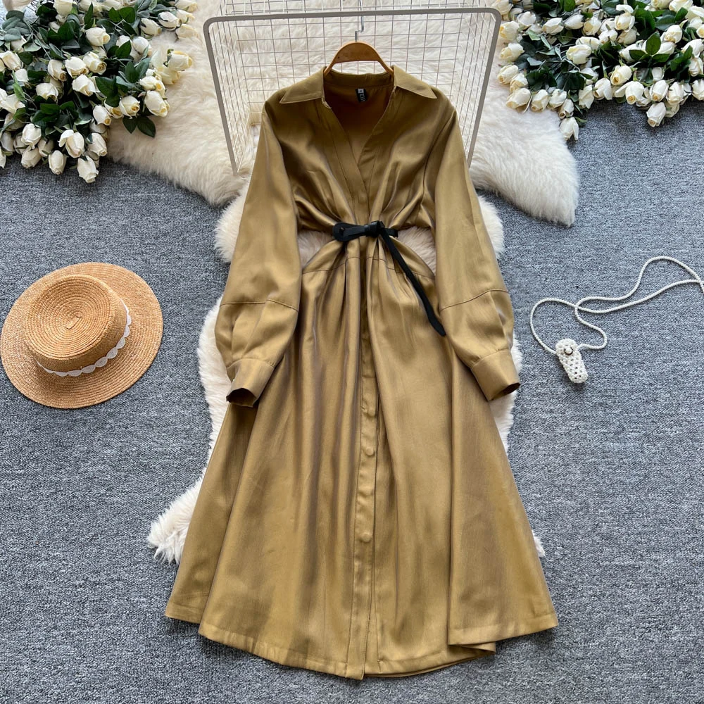 

Шикарный винтажный однотонный элегантный сказочный корейский модный сарафан с поясом и длинными рукавами, женская одежда, платье