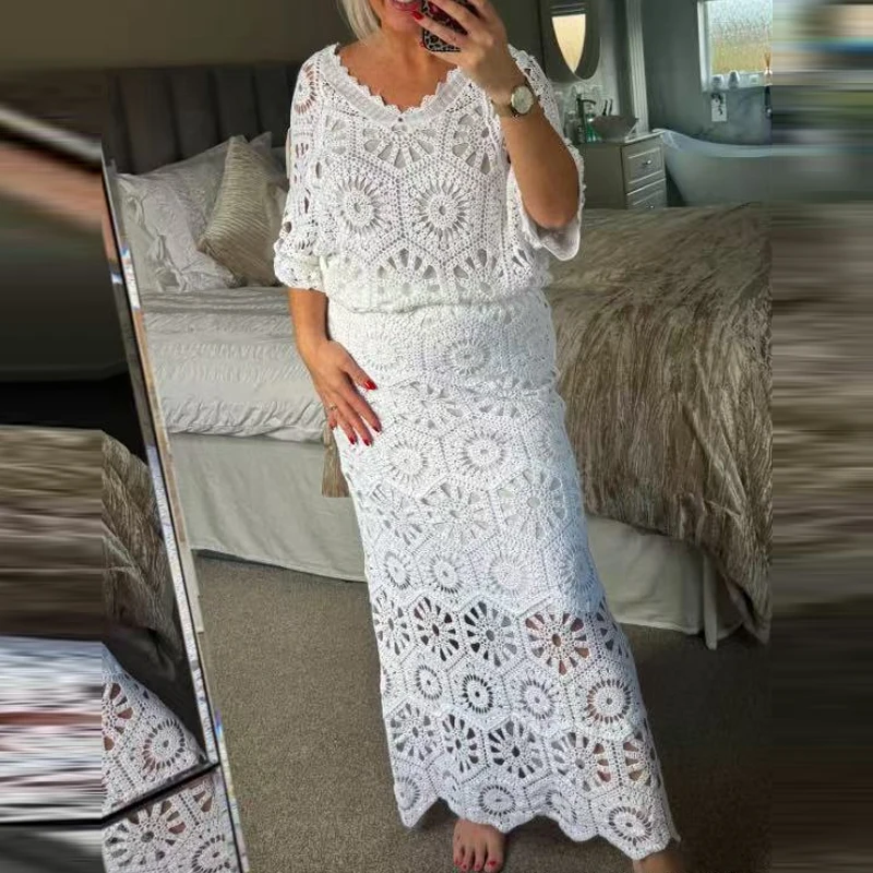 

White Sexy Embroidery Flower Hollow Out Sets Women Spring V Neck Top Pullover & Long Skirts Outfit Summer Crochet Jacquard Suits