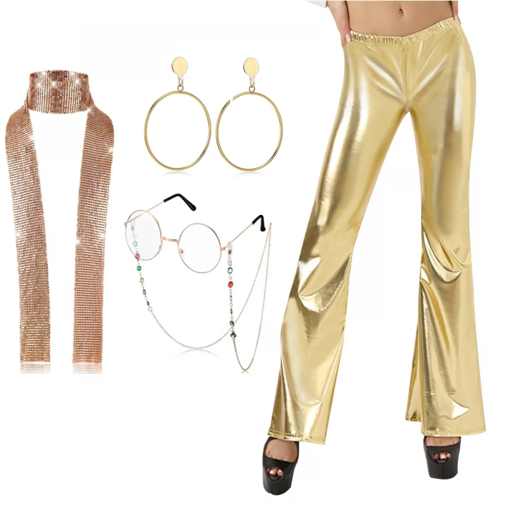 4 Pcs Women Disco Outfit Costume 70s Disco Metallic Gold Wide Leg Pants with Disco Jewelry for Halloween Cosplay Party