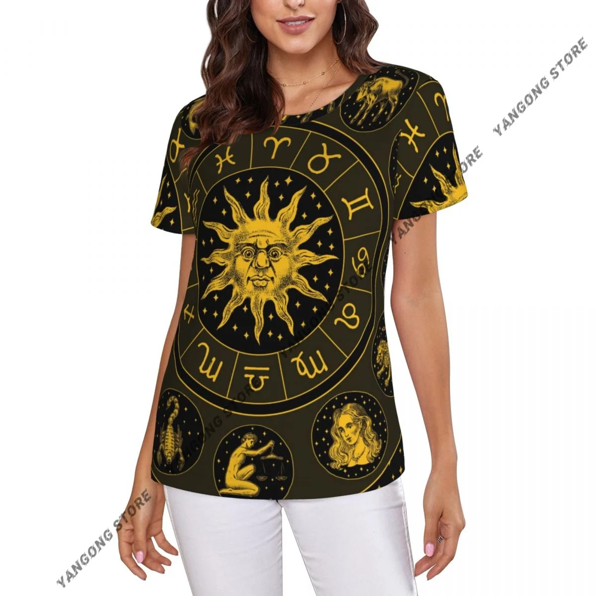 Casual Summer Woman Skinny Fit T-shirt Tight Short-Sleeve O-neck Tee Basic Zodiac Wheel Astrology Horoscope Background T Shirt