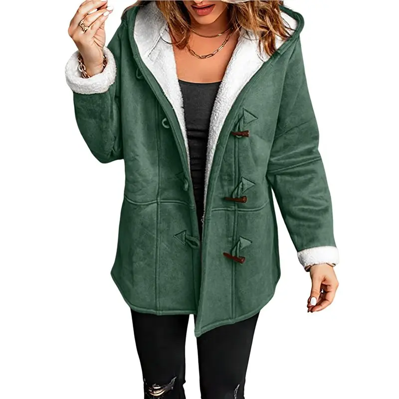 AEF6-Women's Fleece Collar Long Sleeve Hooded Button-Down Jacket With Pockets