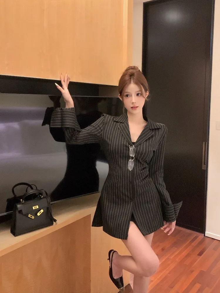 

Bla Stripe Suit Collar Long Sve Women's irt Autumn Design Sensation Small ence Elegance Mid-Length Waist-Cinching ...