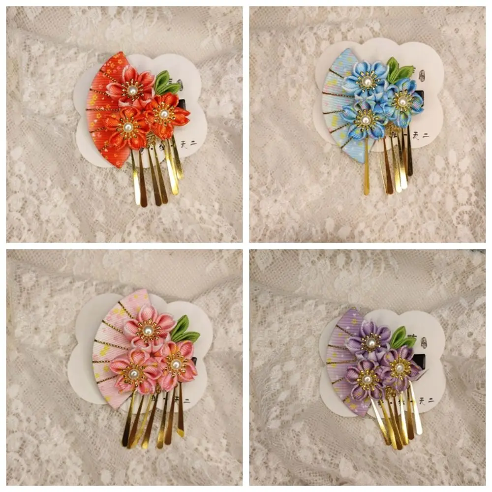 Sweet Tassels Tassel Fan Hairpin Flower Cloth Japanese Kimono Headwear Sakura Hanfu Fan Hair Clip Girls