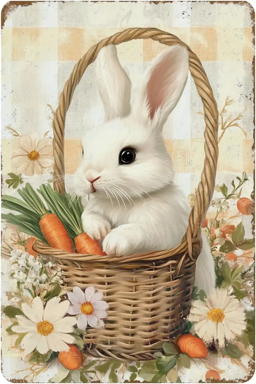Snowsun Easter Metal Sign Rabbit Easter Retro Sign Vintage Tin Sign Easter Decor for Home Bar Living Room Easter Wall Decor