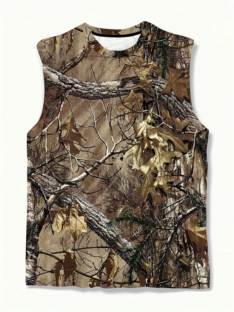 Men's Summer Trendy Animal Deer Print Hunting 3D Sleeveless Sports Vest Quick Dry Moisture Wicking Crew Neck T-Shirt Breathable