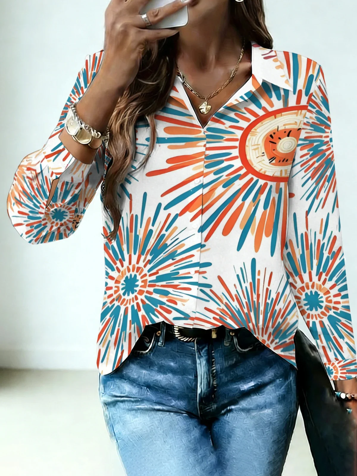 Fresh Summer Firework Burst Womens Collared Shirt White Base Orange Teal Sun Radial Allover Print Long Sleeve Street Dating Camp