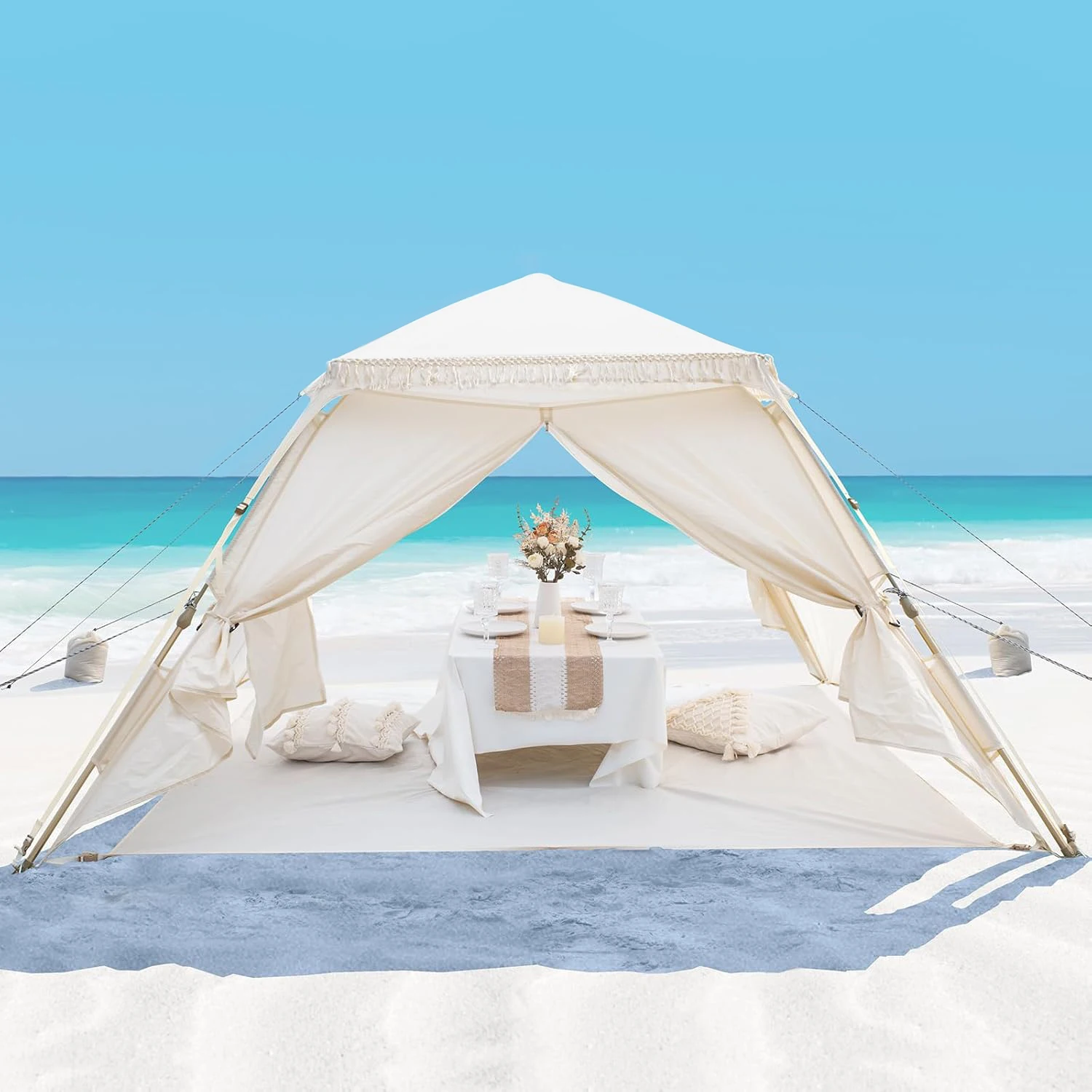

New Outdoor Master Pop up Beach Tent with Fringe Easy Setup Portable Beach Shade Shelter Canopy UPF 50+ UV Polyester Waterproof