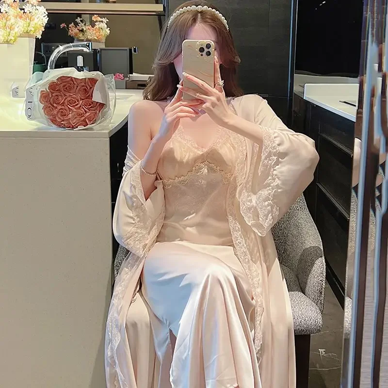 Robe Spring Summer Ice Silk Suspender Sleepwear Women\'s New Loungewear Two Piece Set Long Lace Pajamas Chest Pads Long Sleeves