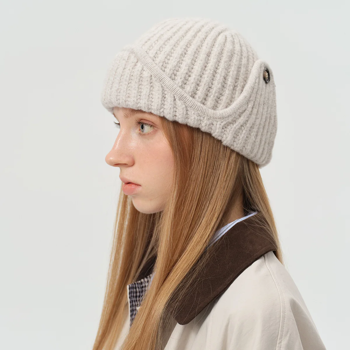 23 % Wollmischung, einfarbig, Piloten-Strickmütze, Winter, warm, Trapper-Mütze, koreanischer Designer-Stil