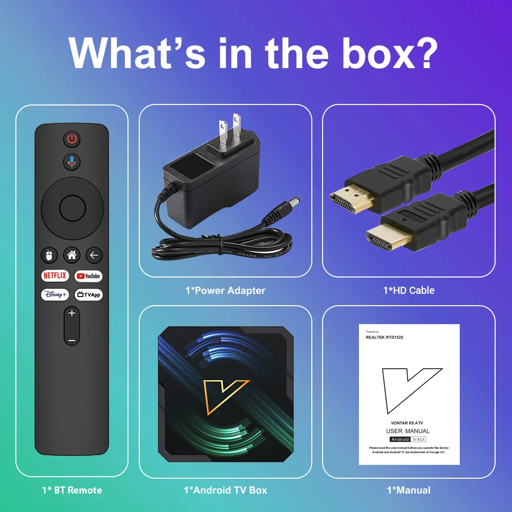 VONTAR R5 ATV Android14 TV Box Realtek1325 CPU A55 Edge AI Mali-G57 GPU Mendukung AI-PQ AI-SR HDR10+Wifi6 Media player Set top box