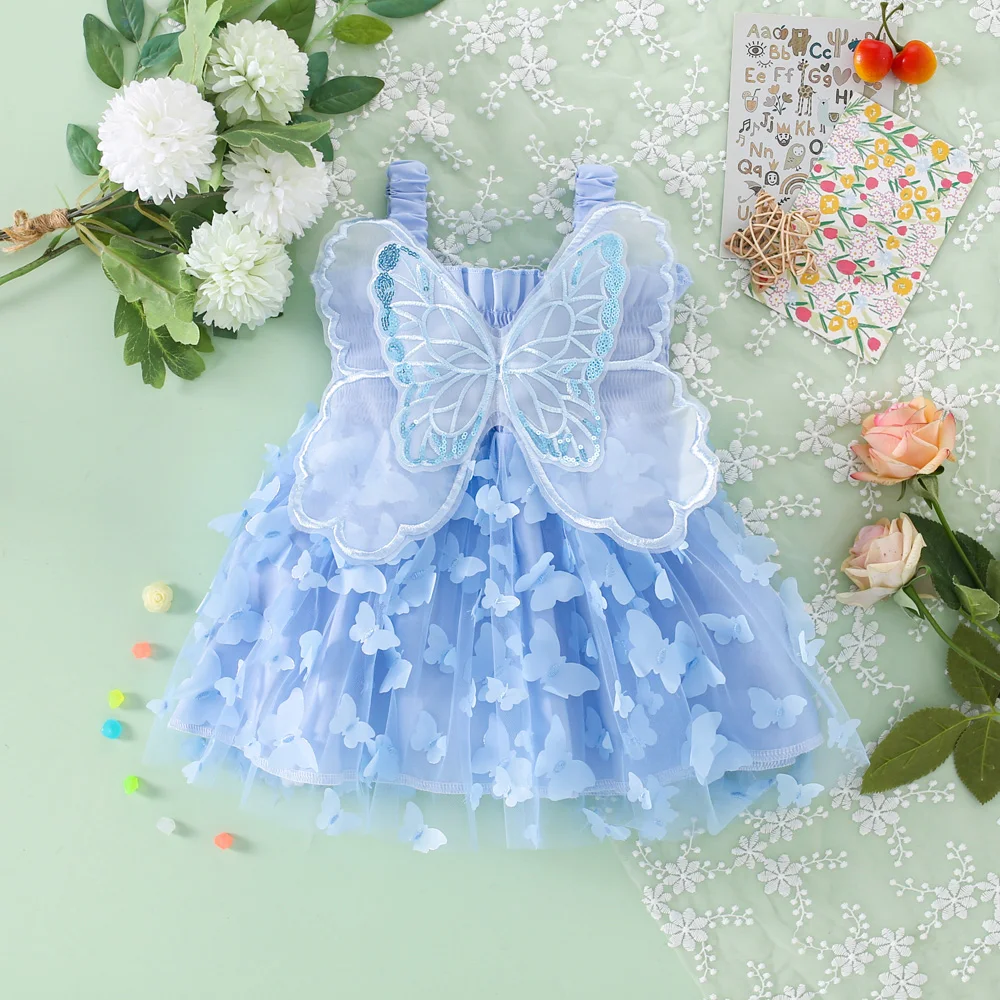 Summer Beach Birthday Party Baby Girl Princess Dress For Young Children 3d Fairy Butterfly Wings Suspender Mesh Cute Dress