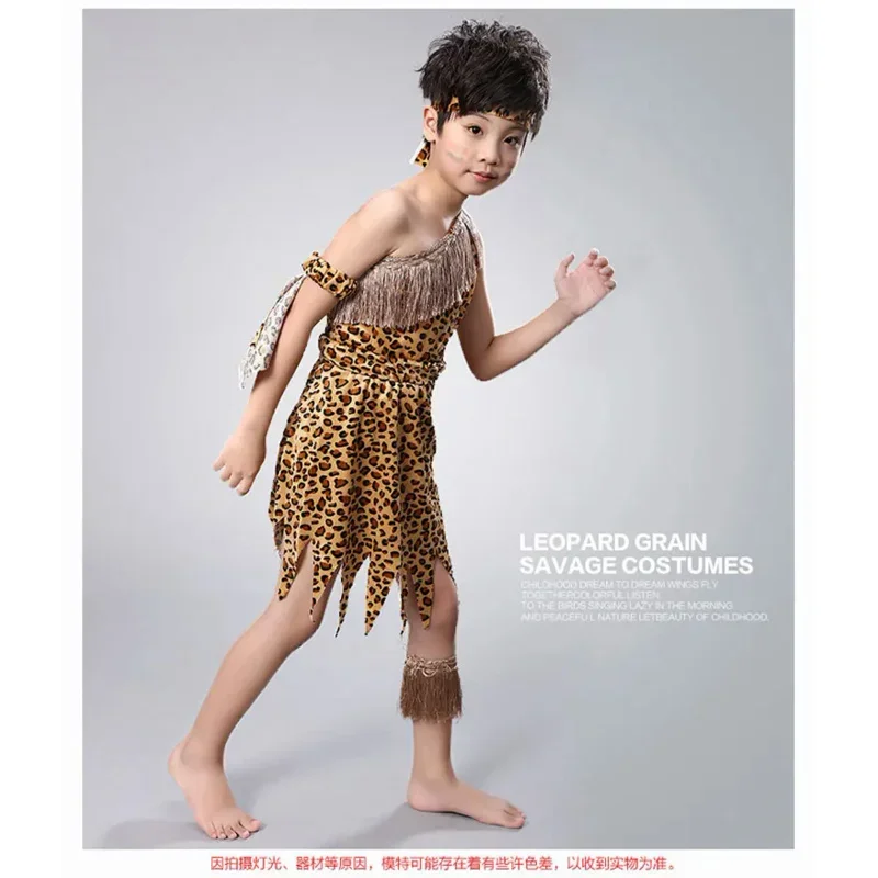 Children Savage Caveman Costumes Boy Leopard African Tribal Hunter Clothing For Girl Performance Cosplay Dress B12