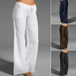 2023 new Women Drawstring Casual Pants Cotton Linen White Black Khaki Breathable Spring Summer Straight Trousers S 4XL