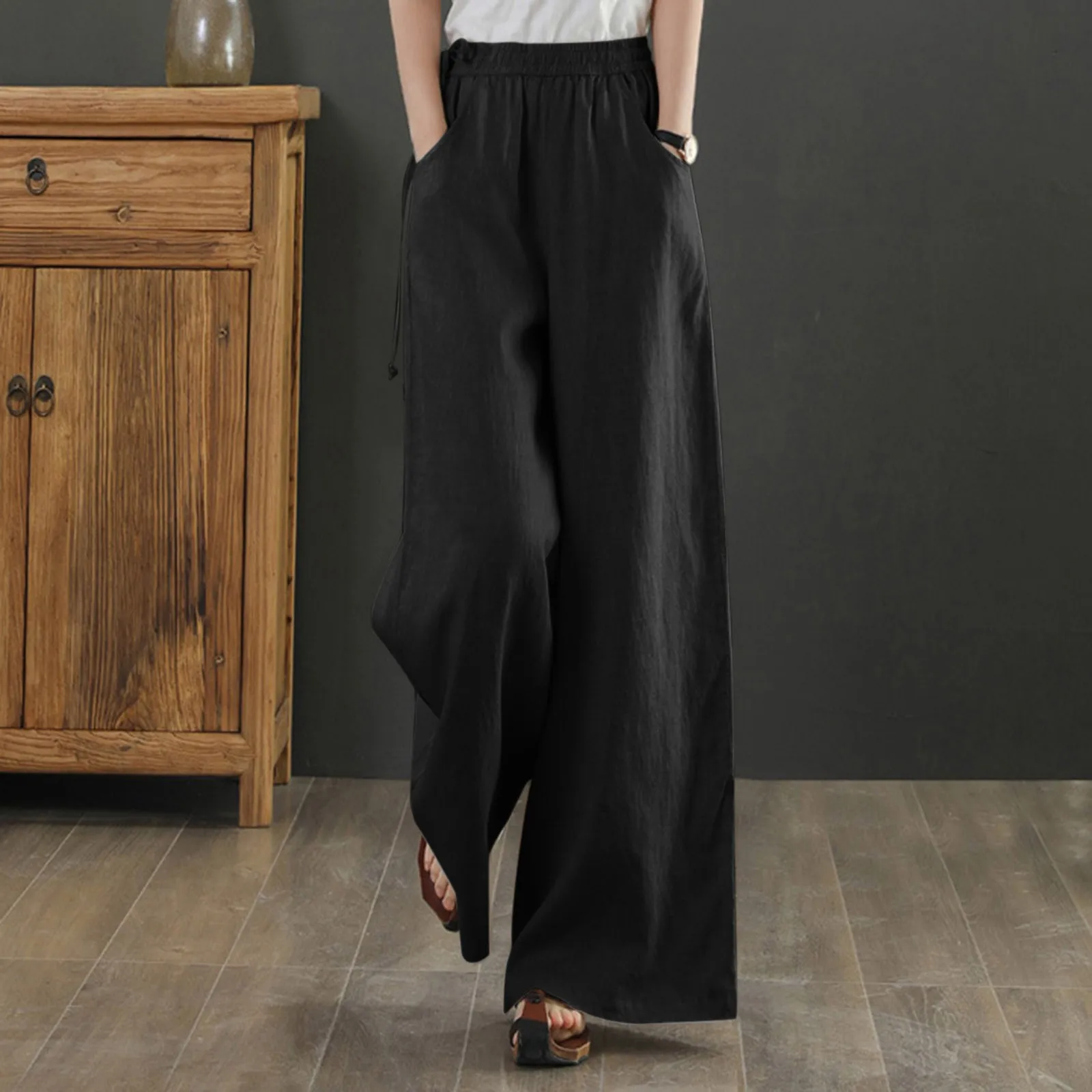 2025 Cotton Linen Wide Leg Pants Plus Size Trousers Women Spring Summer Elastic Waist Casual Loose Ankle-length Pant