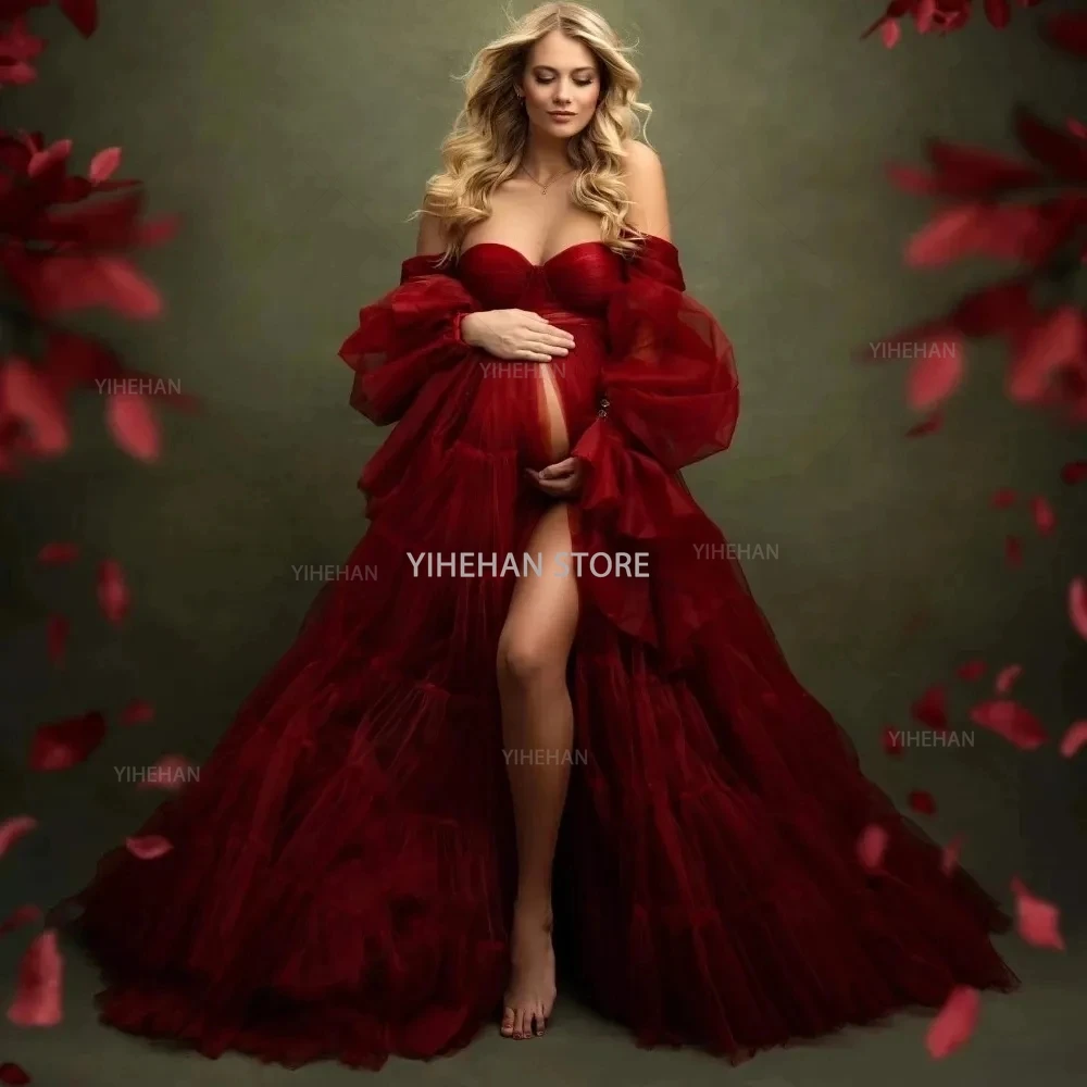 Customized A Line Prom Dresses Women's Sweetheart Off Shoulder Front Split Maternity Robes Pregnant Ruffled Tiered Bridal Gown