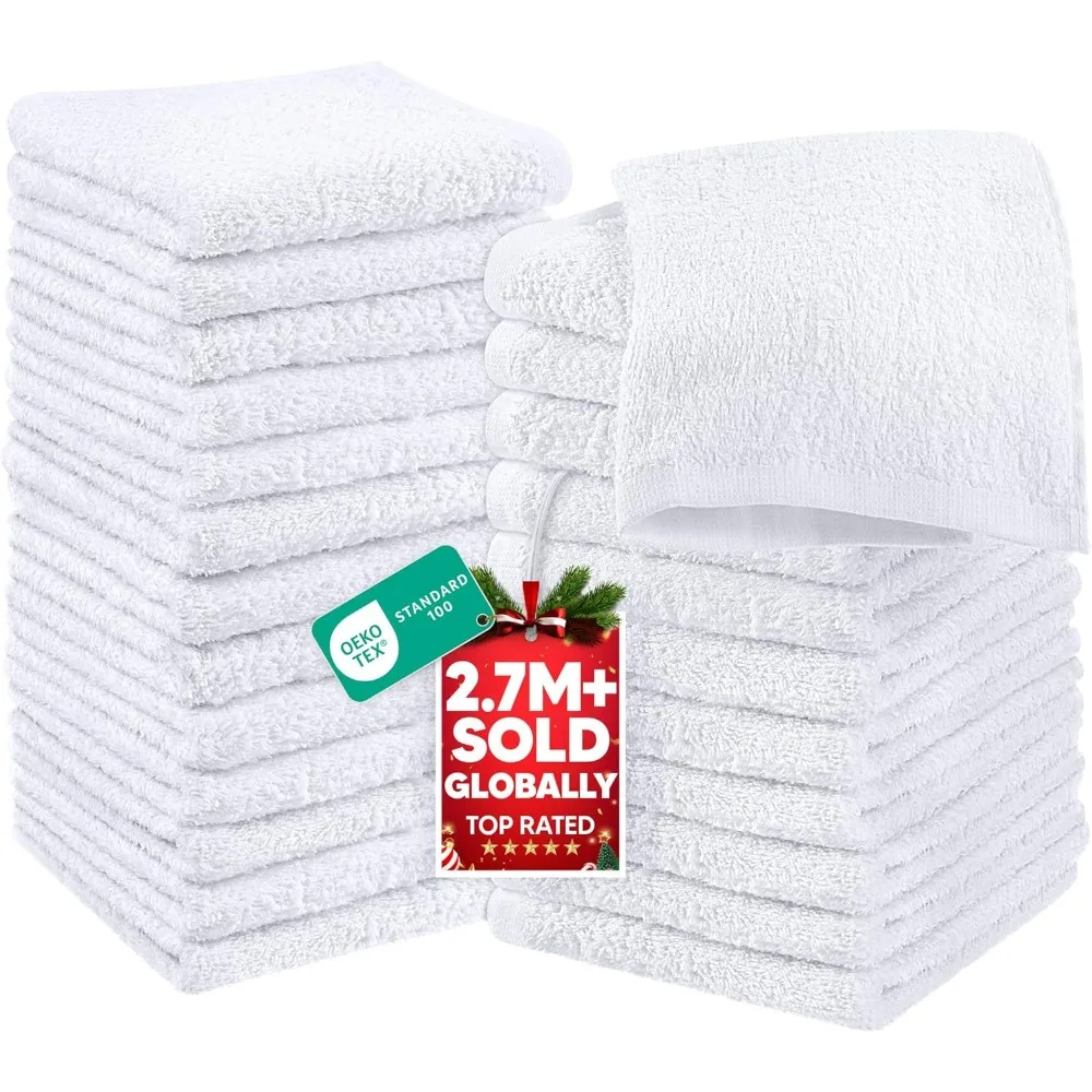 24 Pack White Cotton Washcloths Ring Spun Soft Absorbent Flannel Face Cloths