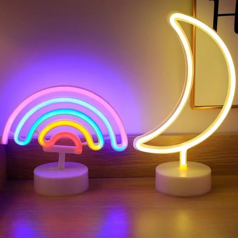 Neon Sign LED Rainbow shaped Neon Light Battery/USB Powered Colorful Neon Lamp with Holder Base Star Flamingo Nightlight Deco