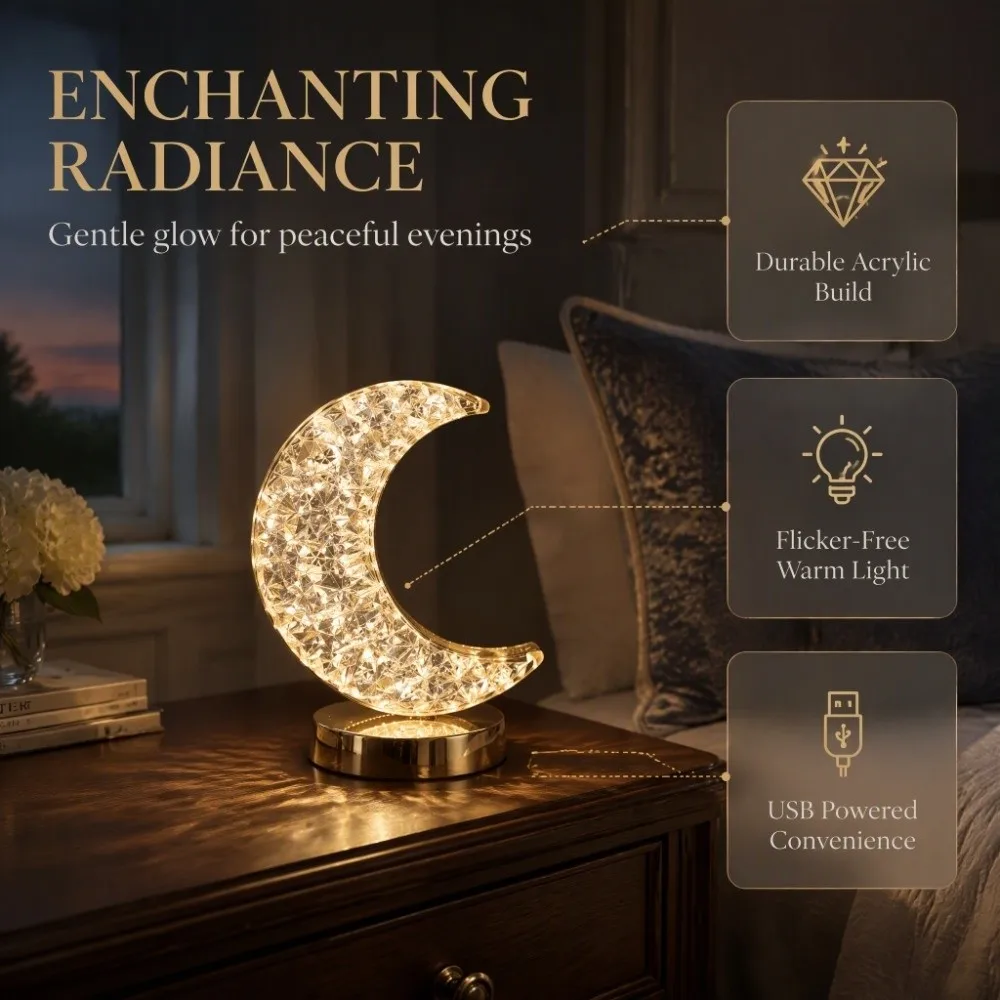 Modern USB Rechargeable Crescent Moon Table Lamp Touch Control Moon Shape Night Light Bedside Table Lamp Bedroom Decor