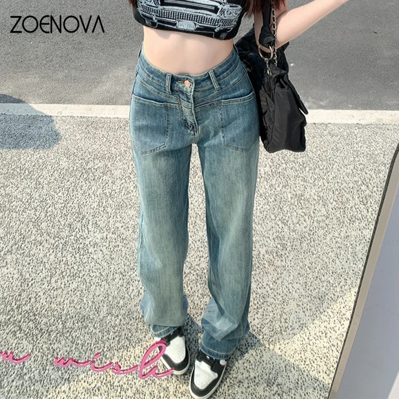 ZOENOVA moda Versatile donna Jeans a gamba larga pantaloni lunghi Cargo larghi vita alta dritto abbigliamento dimagrante Casual Street Style