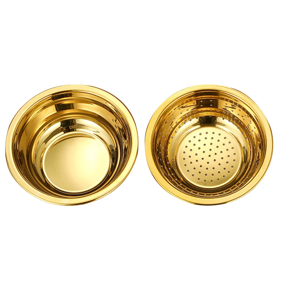 

1 set 16cm Golden Round Stainless Steel Colander Bowl Mesh Strainer Basket Fruits Vegetables Rice Washing Kitchen Drainage