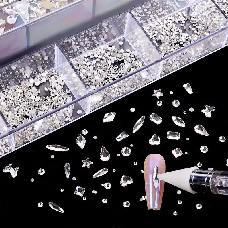 Luxury Shiny Diamond Nail Art Rhinestones Crystal Decorations Set AB Glass 1pcs Pick Up Pen In Grids Box 21 Shape