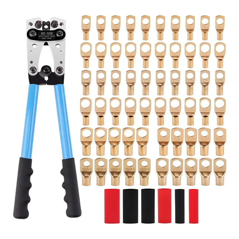 

AT51-Battery Cable Lug Crimping Tool,Electrical Lug Crimper With 60Pcs Wire Lugs And Heat Shrink Tubing For Lugs Terminals