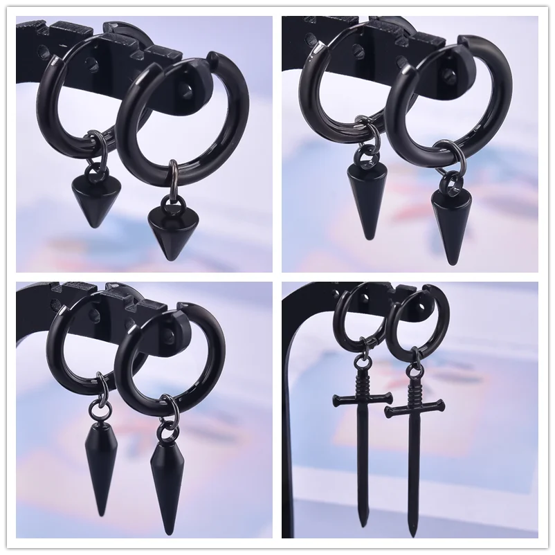 Nuevos pendientes de aro negros con colgante de cono puntiagudo, pendientes de acero inoxidable para mujeres y hombres, accesorios, joyería gótica Steampunk