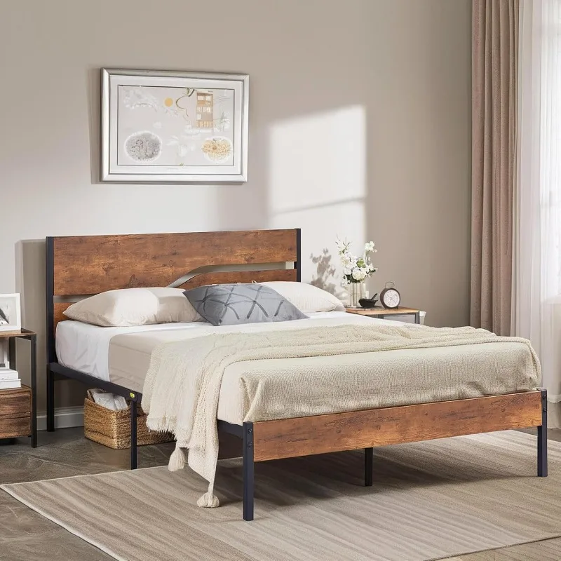 Full Size Platform Bed Frame with Wood Headboard, Solid and Strong Metal Support, No Box Spring Needed