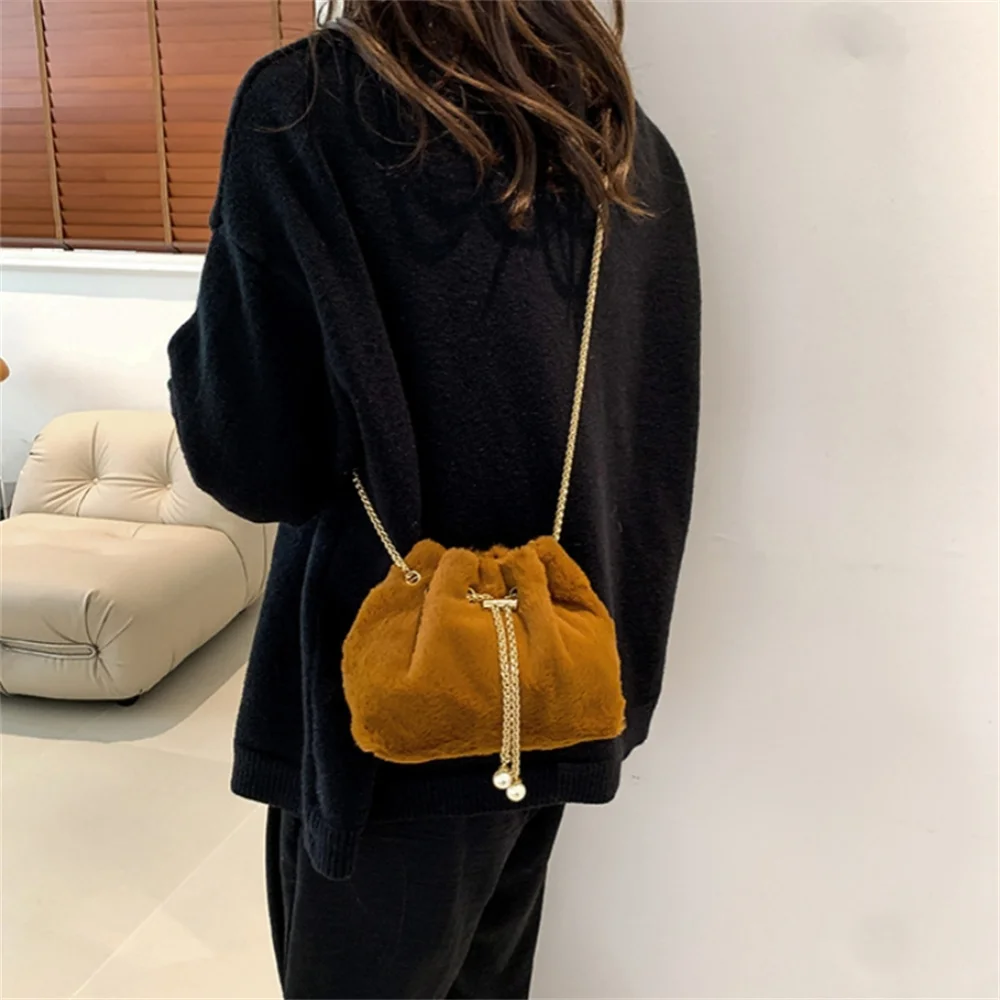 2024 New Plush Bag Casual Simple Pumpkin Shoulder Bags Fake Rabbit Fur Mobile Phone Crossbody Autumn Winter Cute Handbags
