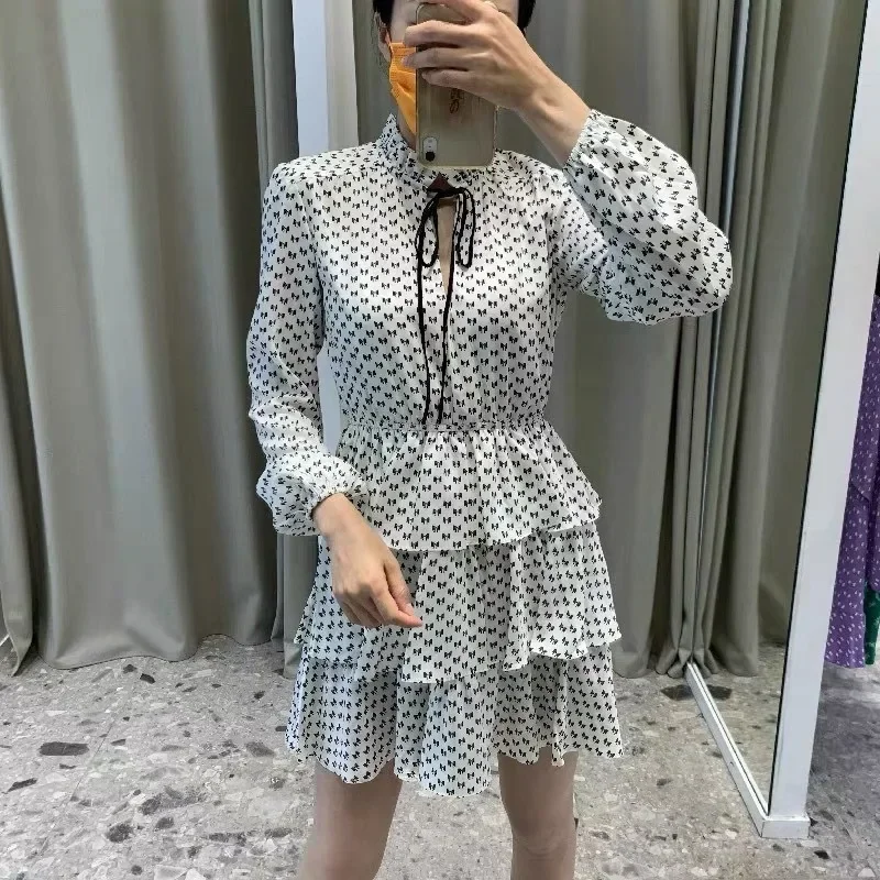 2023 autumn new women's office ladies dress lace-up hollow puff sleeve casual dress women