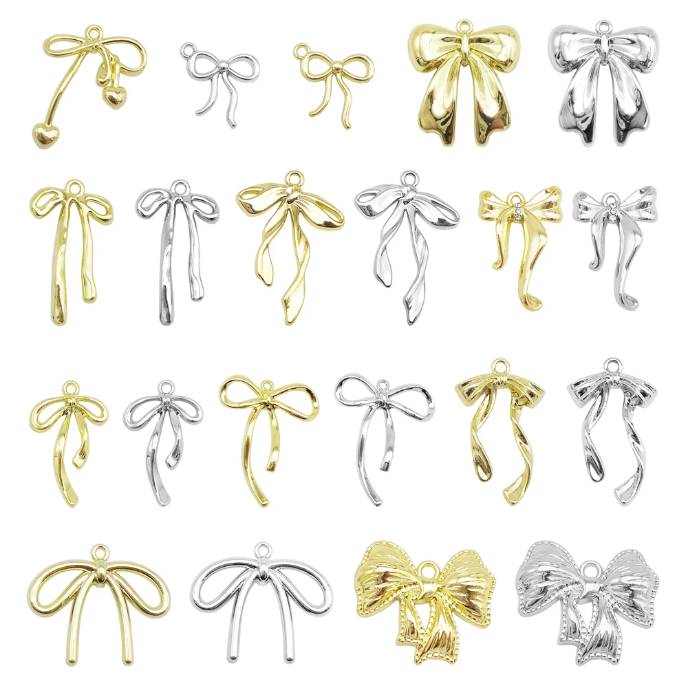 10-21pcs Multiple Styles Gold & Silver Color Bow Charm Alloy Bowknot Pendants For Necklace Bracelet Earring Decor Jewelry Making