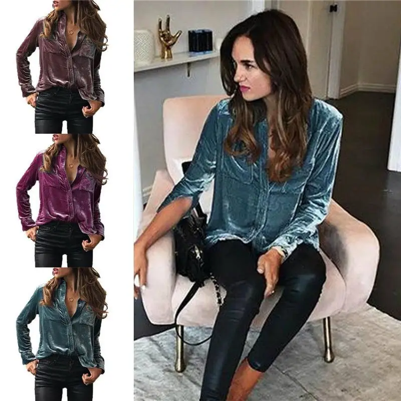 

Women's Velvet irt Single Collar Commute Sle Long Sve Polyester Fiber Non-deformable Pure Color Patchwork Blouse