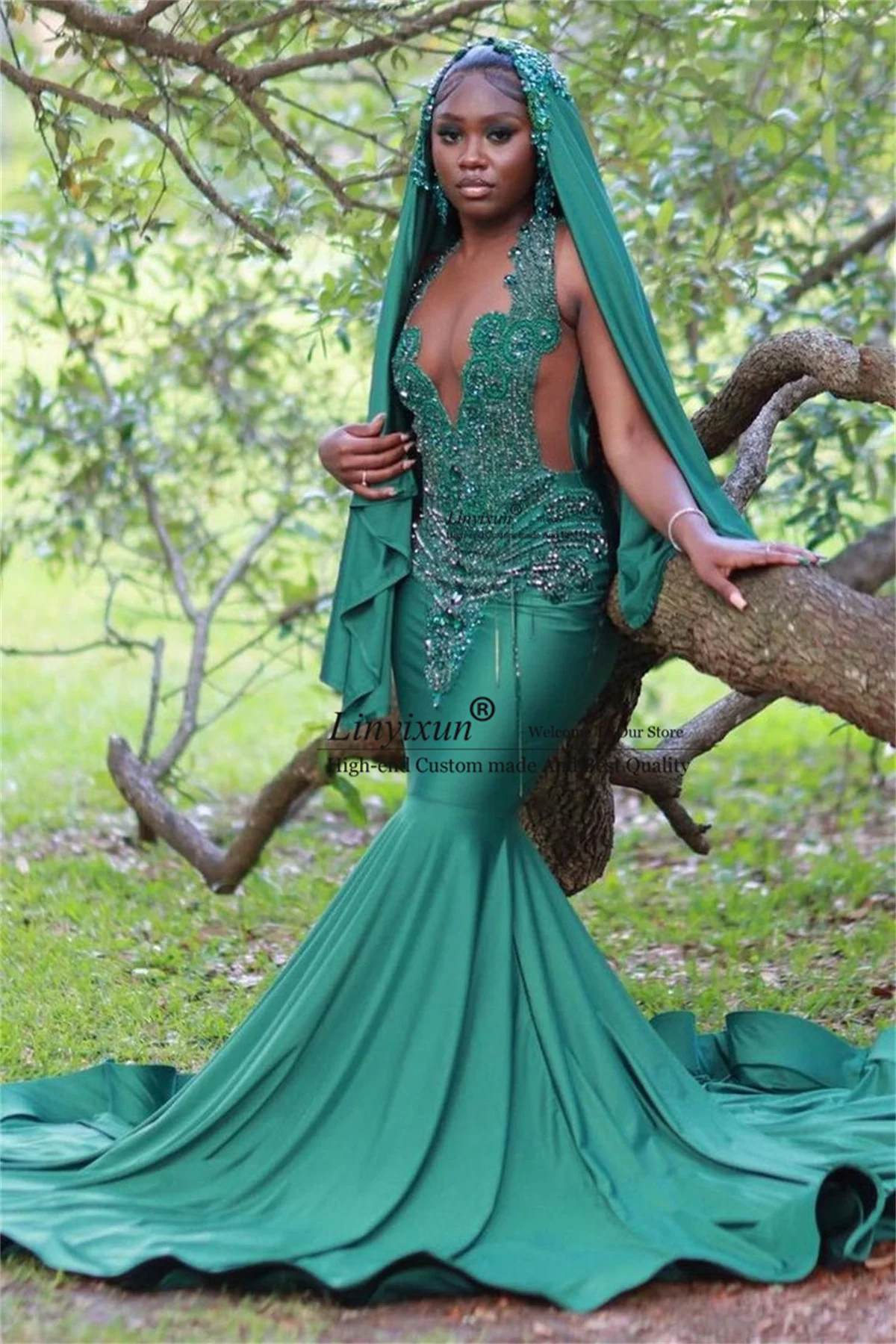 Glitter Green Mermaid Prom Dresses Luxury Sheer Neck Crystal Sequins Evening Party Gowns African Women Long vestidos de gala