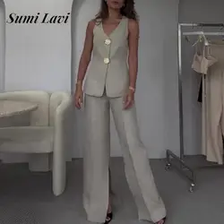 Sexy V-neck Sleeveless Vest Tops & Long Pant Outfits Women Fashion Button Commuter Suit Elegant Split Solid 2Pc Temperament Sets