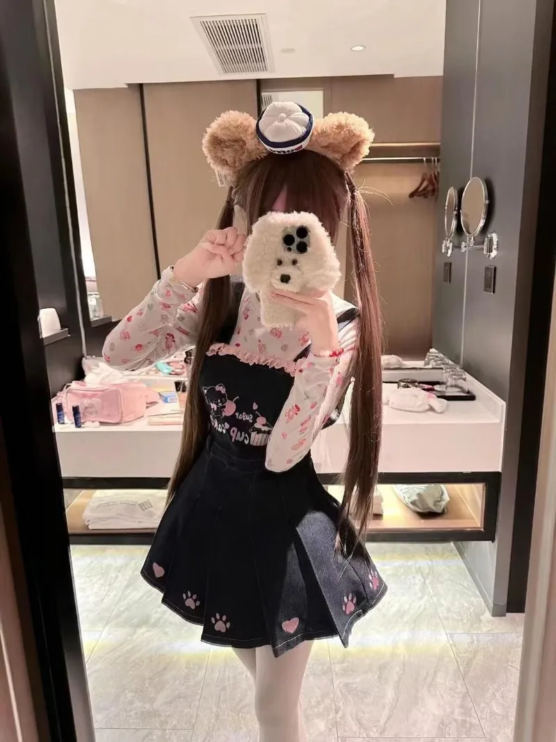 

Корейская милая розовая футболка с принтом для девочек + ковбойская складная юбка на бретельках, уменьшающая возраст мягкий комплект из двух предметов для девочек, новая одежда для дочери