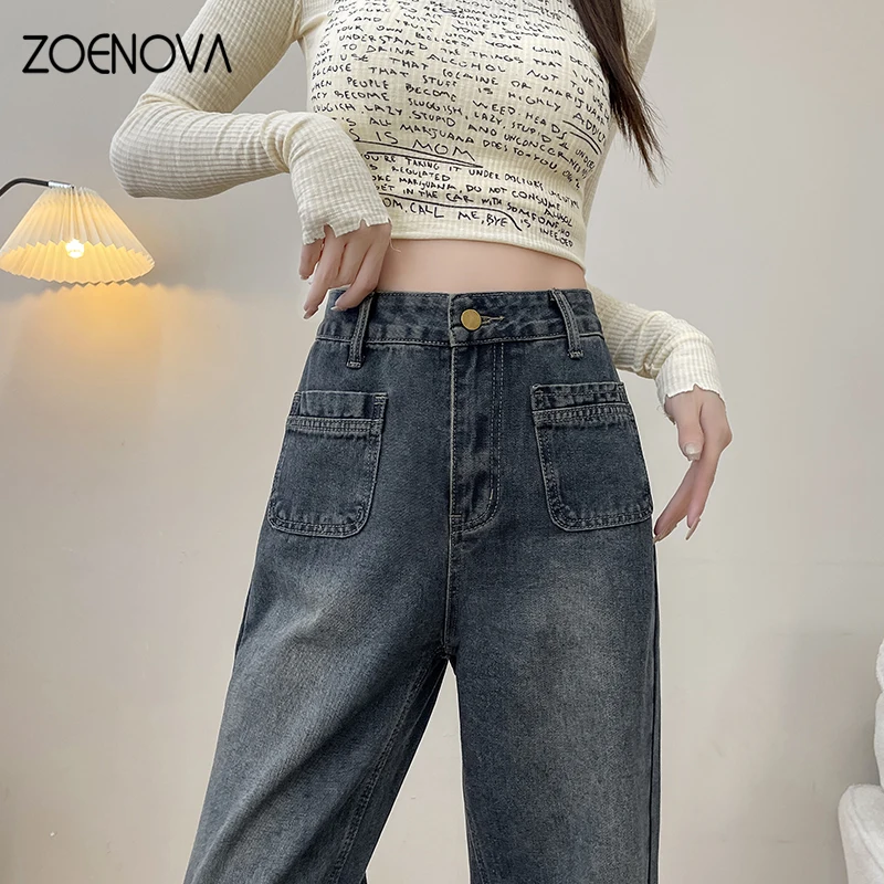 

ZOENOVA 2024 Spring New Women's Casual Wide Leg Pants Street Fashion Jeans Retro High Waist Straight Leg Y2K Nostalgia Trousers