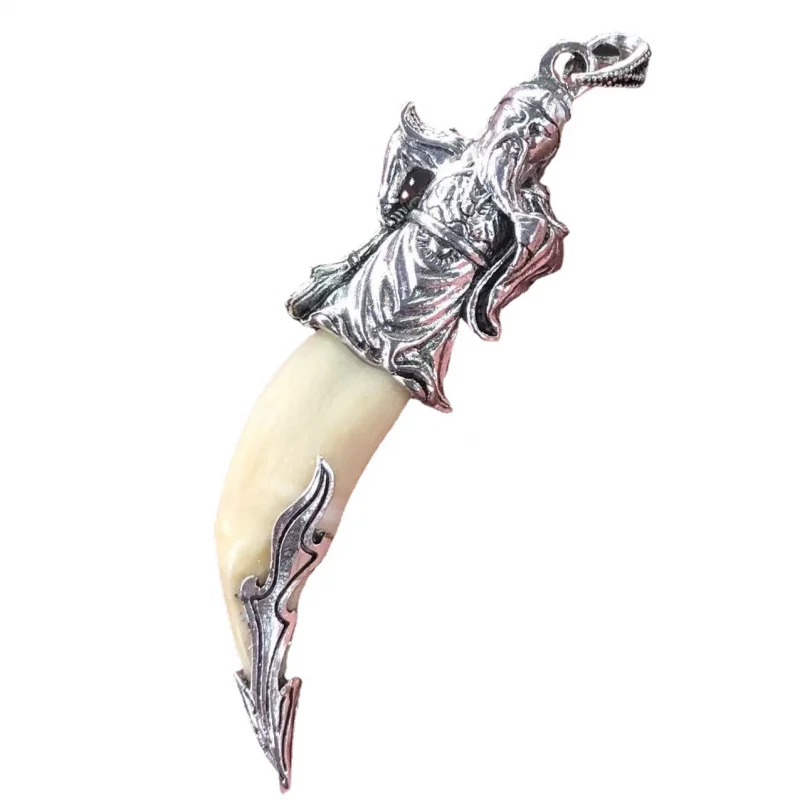 Wolf , Dog Tooth Inlaid with Tibetan Silver, Guan Gong Fang Titanium Steel Necklace Pendant Wholesale, Unisex Black